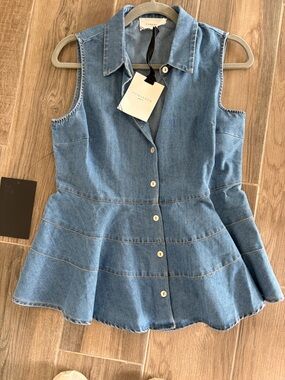 Tuckernuck Pomander Place Ashley Denim Button-Front Peplum Top S NWT